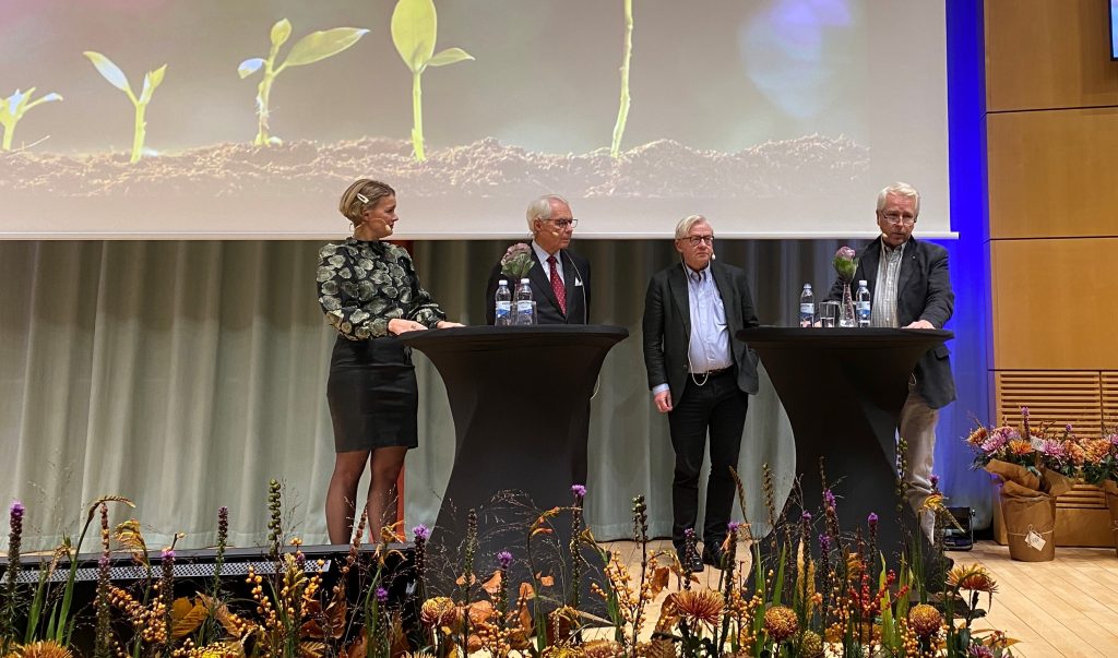 Cecilia Nebel (moderator), Göran Grosskopf, Jan Nilsson och Thomas Laurell offentliggör årets anslagsmottagare i samband med firandet av Medicon Village 10-årsjubileum den 25 november.